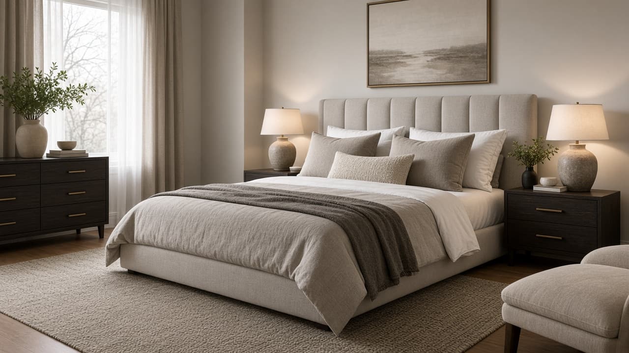 Neutral bedroom remodel with an upholstered headboard