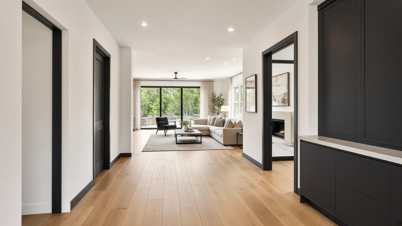 Bright renovated home hallway opening into a living space