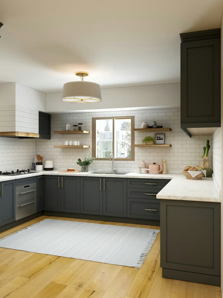 Modern kitchen remodel with dark cabinets, white subway tile, and wood shelves