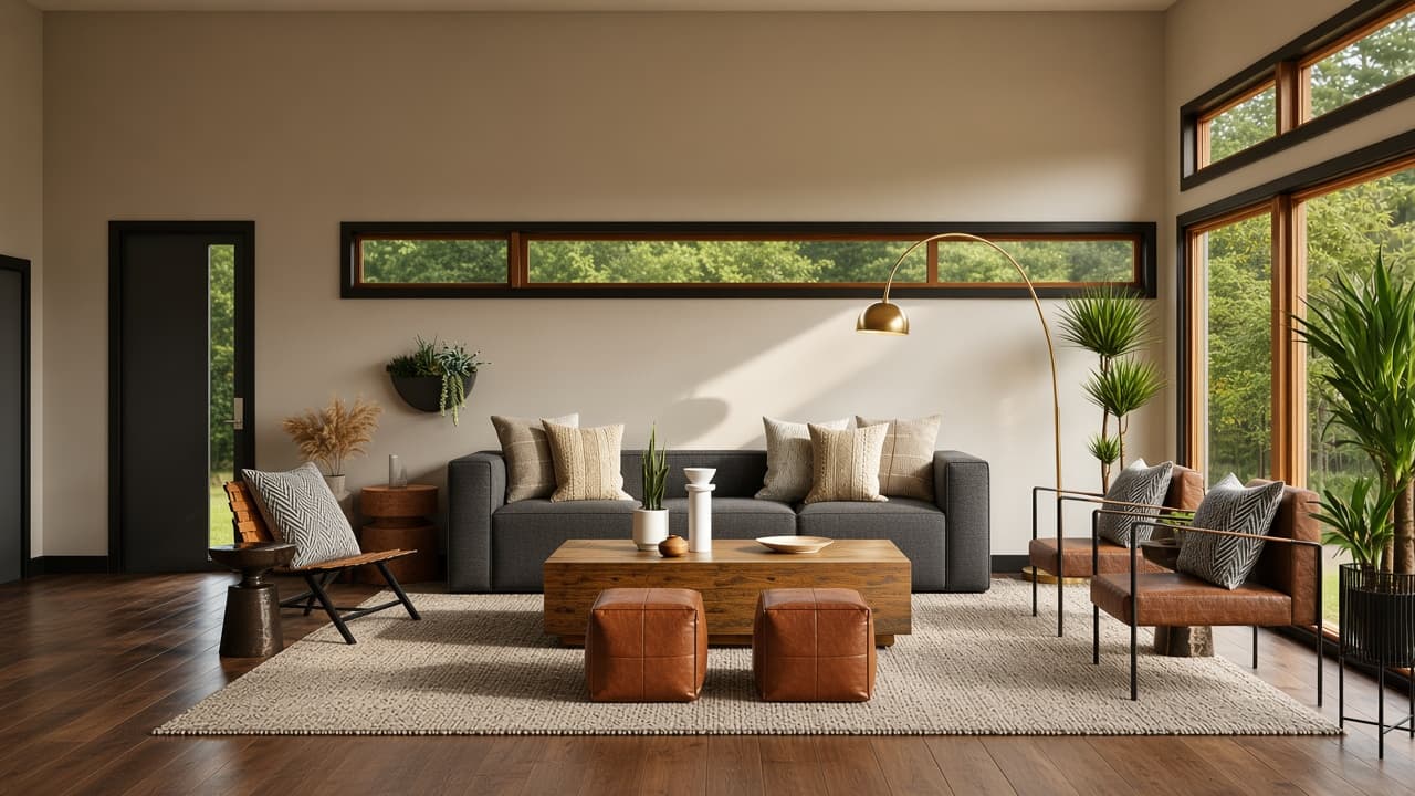 Modern living room with large windows and warm mid-century furnishings
