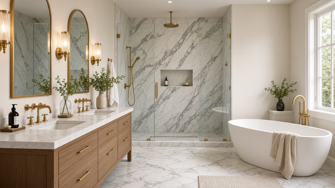 Luxury bathroom with freestanding tub and marble finishes