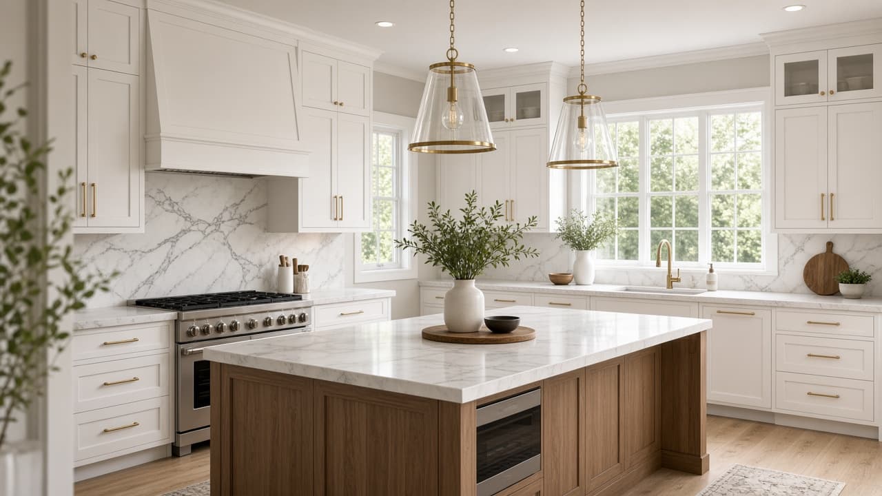Modern kitchen with white cabinets and a warm wood island