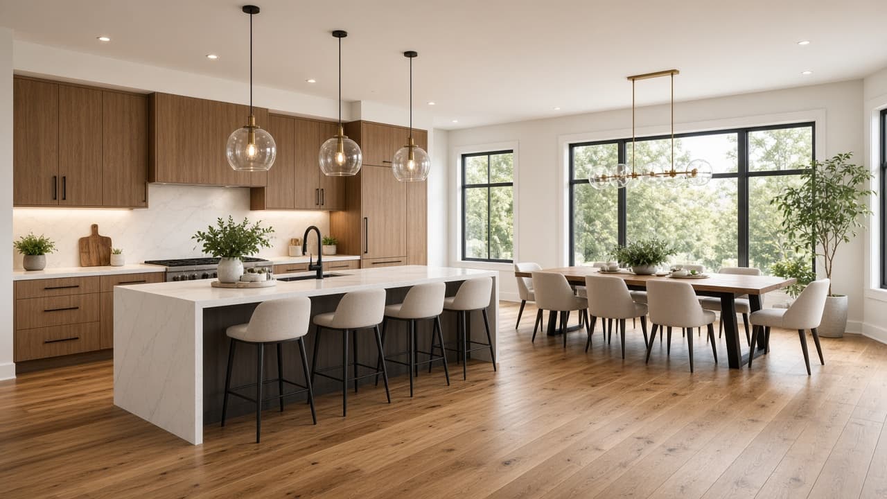 Modern kitchen with white cabinets and a warm wood island