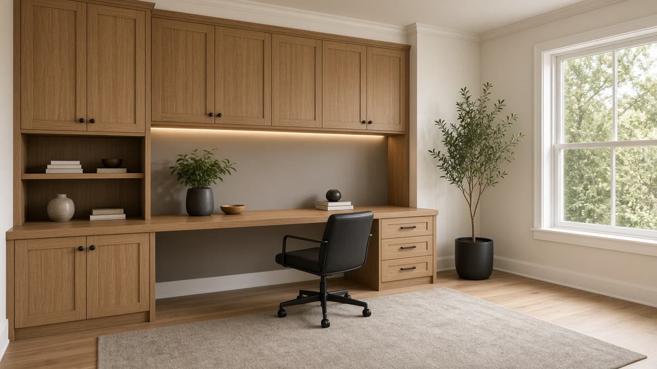Home office remodel with built-in cabinetry and a wood desk