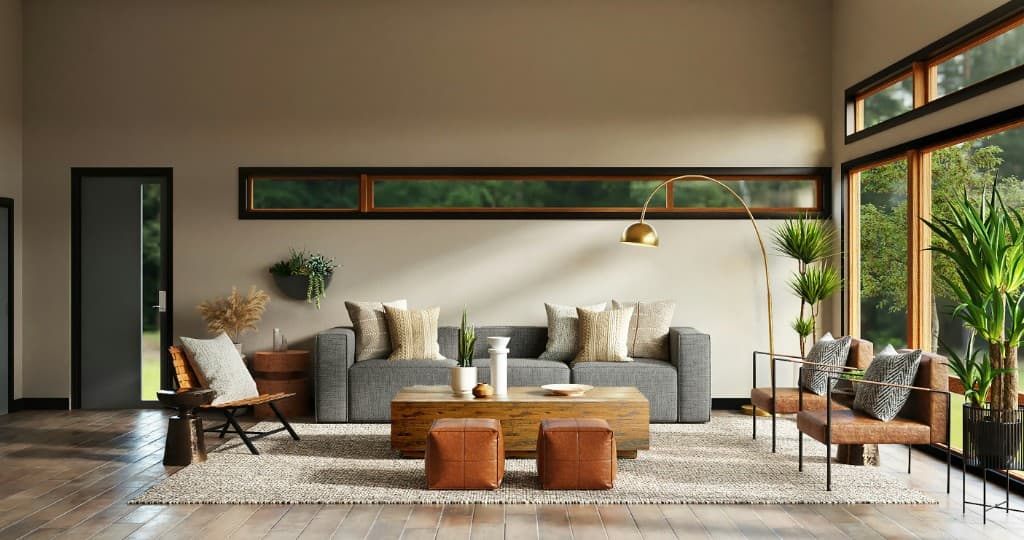 Bright modern living room with large windows and greenery outside